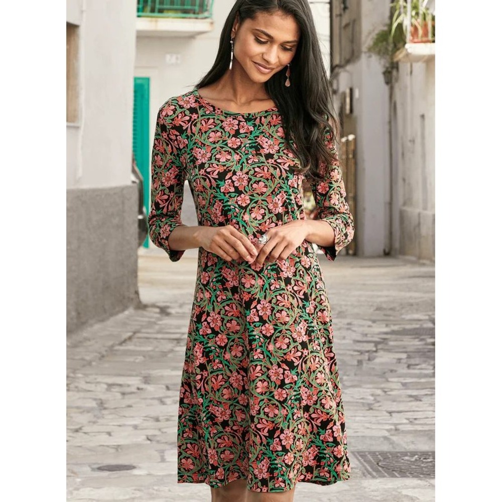 Peruvian Connection Starflower Dress Floral Pima Cotton 3/4 Sleeve M